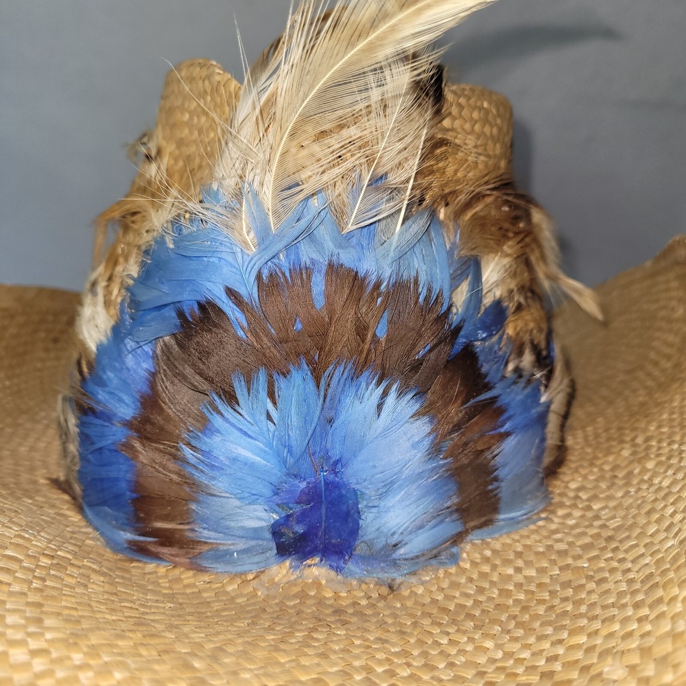 Longhorn‎ Head Huggers Straw Hat Mens M Cowboy Western Feather Rodeo Rancher - Picture 6 of 13